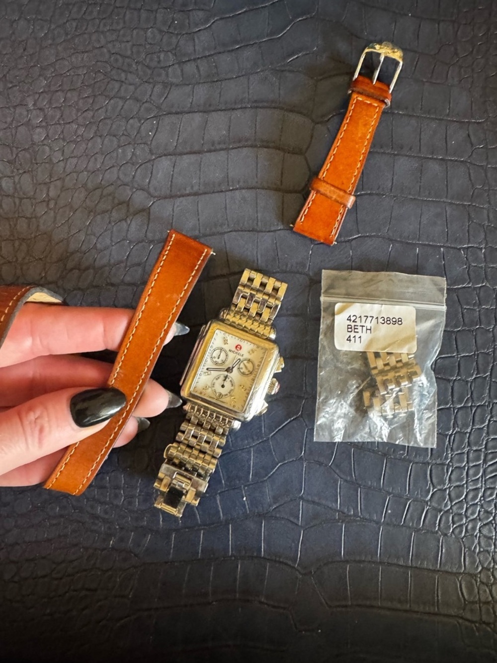 Michele Two-Tone Chronograph Watch with Brown Leather Strap